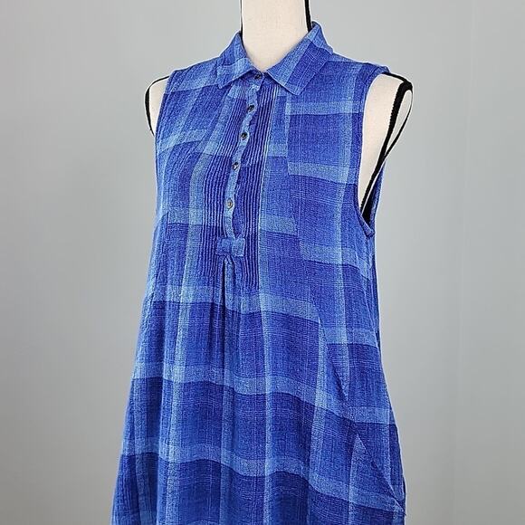 Anthropologie Isabella Sinclair Blue Plaid Linen Blend Sleeveless Shirt Dress M - Picture 13 of 14
